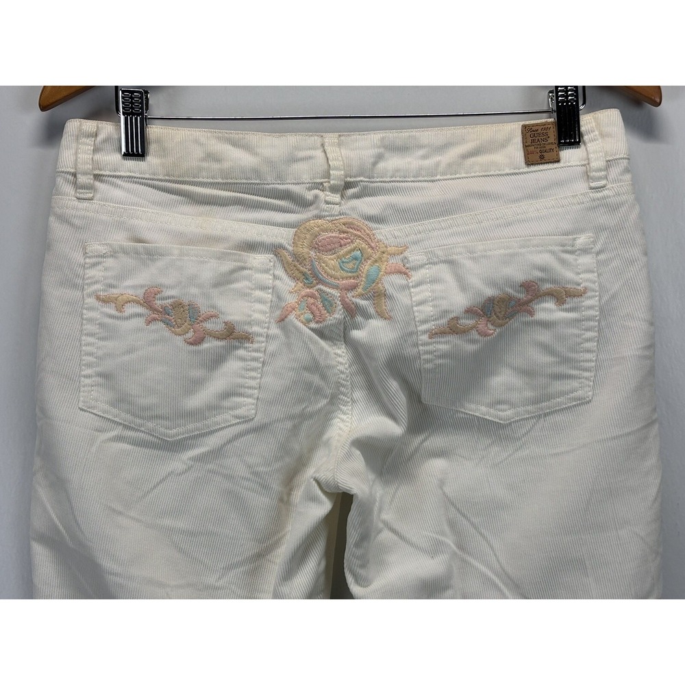 Vtg Y2K Guess Corduroy Flare Pants Womens 29 (31x33) Embroidered Ivory Low Rise